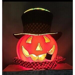 Fiber Optic Halloween Pumpkin Jack-O-Lantern w/ Top Hat And Pipe 10"